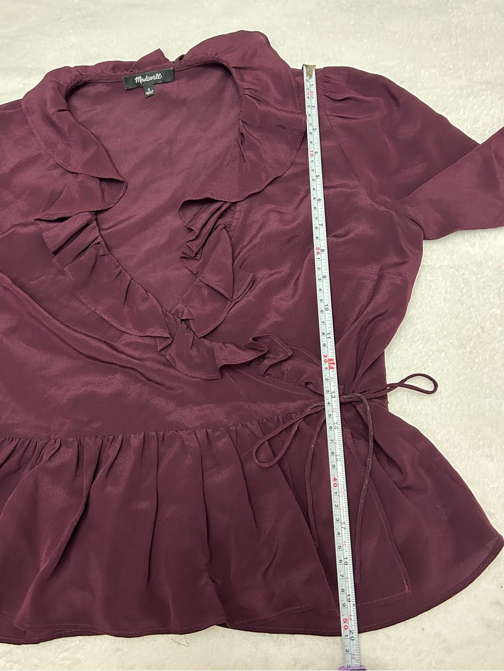 Madewell 100% Silk Women’s Small Dark Plum Ruffle Wrap Peplum Long Sleeve Top - Picture 9 of 12